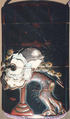 Case (Inrō) with Design of Bugaku Dance Hat on Stand beside Pine Tree (obverse); Dance Drum (reverse), Lacquer, roiro, gold, red and brown takamakie, incised, ceramic inlay; Interior: nashiji and fundame, Japan