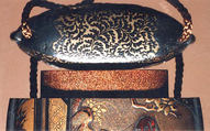 Case (Inrō) with Design of Chinese Sages on Verandah beside Rocks and Trees, Lacquer, fundame, nashiji, gold and black hiramakie, tortoiseshell, metal inlay; Interior: nashiji and fundame, upper case divided, Japan