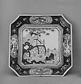 Square Dish with Stone Wall and Phoenix and Dragon Cartouches, Porcelain with underglaze blue and overglaze polychrome enamels, gold (Arita ware, Imari type), Japan