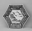Hexagonal Dish, White porcelain decorated with blue under the glaze, iron red and gold, green, yellow and violet enamels (Hizen ware, Kutani type), Japan