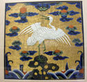 Rank Badge with Egret, Silk, feather, and metallic thread embroidery on silk satin, China