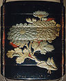 Case (Inrō) with Design of Leafy Grapevines (obverse); Chrysanthemum Spray (reverse), Case: lacquer with gold and silver takamaki-e; Fastener (ojime): gold bead carved and pierced with flowers; Toggle (netsuke): ivory carved and pierced with flowers and clouds, the figure of a courtier applied in gold, Japan