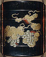 Case (Inrō) with Design of Leafy Grapevines (obverse); Chrysanthemum Spray (reverse), Case: lacquer with gold and silver takamaki-e; Fastener (ojime): gold bead carved and pierced with flowers; Toggle (netsuke): ivory carved and pierced with flowers and clouds, the figure of a courtier applied in gold, Japan