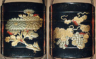 Case (Inrō) with Design of Leafy Grapevines (obverse); Chrysanthemum Spray (reverse), Case: lacquer with gold and silver takamaki-e; Fastener (ojime): gold bead carved and pierced with flowers; Toggle (netsuke): ivory carved and pierced with flowers and clouds, the figure of a courtier applied in gold, Japan