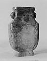Vase, Nephrite, a mottling of lettuce- and emerald-green, interspersed with small patches of greenish-gray; upon one side a very large patch of color resembling mutton-fat in which there are delicate veinings of brown, China