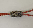 Inrō with Birds, Plum, Chrysanthemum, and Loquat, Gold lacquer ground with mother-of-pearl, coral, and stained ivory inlay in Shibayama style
Netsuke: thunder god playing samisen; carved ivory
Ojime: cylinder with asters in openwork, Japan