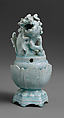 Incense Burner in Shape of Lion (one of a pair), Porcelain with brown and raised decoration under celadon glaze (Jingdezhen Qingbai ware), China