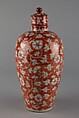 Covered bottle with floral scrolls (one of a pair), Porcelain painted with overglaze red enamel (Jingdezhen ware), China