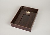 Writing Box with Design of Maple Leaves and Bugaku Hat from the Tale of Genji, Style of Ogawa Haritsu (Ritsuō) (Japanese, 1663–1747), Gold and glazed pottery on colored lacquer inlaid with mother-of-pearl, Japan