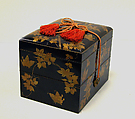 Box and utensils for incense ceremony set, Black lacquer decorated with sprinkled lacquer; clematis and butterfly folded incense paper design, Japan