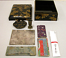 Box and utensils for incense ceremony set, Black lacquer decorated with sprinkled lacquer; clematis and butterfly folded incense paper design, Japan