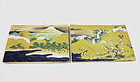 Box and utensils for incense ceremony set, Black lacquer decorated with sprinkled lacquer; clematis and butterfly folded incense paper design, Japan