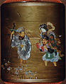 Case (Inrō) with Design of the Seven Gods of Good Fortune Fording a River, Nakayama Komin (Japanese, 1808–1870), Gold lacquer with gold hiramkie sprinkled and polished lacquer, nashiji (pear skin) lacquer, and mother-of-pearl, ivory, and wood inlay; Interior: nashiji and fundame; Netsuke: wood-framed ivory plaque with bird and flower inlay; Ojime: lacquer Daikoku's hammer, Japan