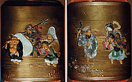 Case (Inrō) with Design of the Seven Gods of Good Fortune Fording a River, Nakayama Komin (Japanese, 1808–1870), Gold lacquer with gold hiramkie sprinkled and polished lacquer, nashiji (pear skin) lacquer, and mother-of-pearl, ivory, and wood inlay; Interior: nashiji and fundame; Netsuke: wood-framed ivory plaque with bird and flower inlay; Ojime: lacquer Daikoku's hammer, Japan
