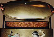 Case (Inrō) with Design of the Seven Gods of Good Fortune Fording a River, Nakayama Komin (Japanese, 1808–1870), Gold lacquer with gold hiramkie sprinkled and polished lacquer, nashiji (pear skin) lacquer, and mother-of-pearl, ivory, and wood inlay; Interior: nashiji and fundame; Netsuke: wood-framed ivory plaque with bird and flower inlay; Ojime: lacquer Daikoku's hammer, Japan