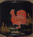 Case (Inrō) with Design of Chickens beside Spring Plants, Lacquer, roiro, gold and coloured hiramakie, kirigane, applied tsuishu; Interior: nashiji and fundame, Japan