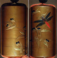 Case (Inrō) with Design of Dragonfly Seated on Leaf of Flowering Plant, Lacquer, kinji, gold and silver hiramakie, aogai and other inlay; Interior: nashiji and fundame, Japan