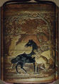 Case (Inrō) with Design of Horses among Cherry Blossom Trees, Lacquer, nashiji, gold, silver, black and brown hiramakie, takamakie; Interior: nashiji and fundame, Japan