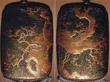 Case (Inrō) with Design of Blossoming Plum Tree, Kano Seisen’in  Japanese, Lacquer with sprinkled gold, silver, and red makie and takamakie<br/>Ojime: bead; tortoiseshell<br/>Netsuke: basket; woven reeds, Japan