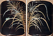 Case (Inrō) with Design of Dewdrops and Insects on Autumn Grasses in Basket, Yamada Jōkasai (1681–1704)  Japanese, Sprinkled gold lacquer with mother-of-pearl, stone, and metal<br/>Ojime: ovoid gold bead decorated with grasses<br/>Netuske: black wood carved as a piece of firewood, Japan