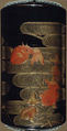 Case (Inrō) with Design of Goldfish and Reed with Wave Pattern, Lacquer, roiro, red and gold hiramakie; Interior: nashiji and fundame, Japan