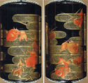 Case (Inrō) with Design of Goldfish and Reed with Wave Pattern, Lacquer, roiro, red and gold hiramakie; Interior: nashiji and fundame, Japan