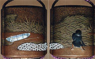 Case (Inrō) with Design of Fisherman, Boat, Reeds, and Stone Basket Breakwaters, Tsuchiya Yasuchika (Japanese), Gold maki-e with pewter, mother-of-pearl, and metal inlay; Ojime: cloisonné bead; Netsuke: carved wood creel with lacquer puffer fish, Japan