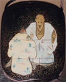 Case (Inrō) with Design of Old Man and Woman (Jo and Uba) and Pine Trees (from Noh Play "Takasago Spirits of the Pine"), Minsetsusai Kyuho (Japanese), Ceramic and mother-of-pearl inlays and gold maki-e on black lacquer
Ojime: porcelain with overglaze enamel design of maple leaves
Netsuke: porcelain with overglaze enamel design of maple leaves imitating Kenzan design, Japan