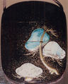 Case (Inrō) with Design of Old Man and Woman (Jo and Uba) and Pine Trees (from Noh Play "Takasago Spirits of the Pine"), Minsetsusai Kyuho (Japanese), Ceramic and mother-of-pearl inlays and gold maki-e on black lacquer
Ojime: porcelain with overglaze enamel design of maple leaves
Netsuke: porcelain with overglaze enamel design of maple leaves imitating Kenzan design, Japan