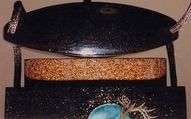 Case (Inrō) with Design of Old Man and Woman (Jo and Uba) and Pine Trees (from Noh Play "Takasago Spirits of the Pine"), Minsetsusai Kyuho (Japanese), Ceramic and mother-of-pearl inlays and gold maki-e on black lacquer
Ojime: porcelain with overglaze enamel design of maple leaves
Netsuke: porcelain with overglaze enamel design of maple leaves imitating Kenzan design, Japan