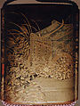 Case (Inrō) with Design of Nonomiya (Shrine in the Fields), from The Tale of Genji, chapter 10, Gold maki-e with black lacquer 
Ojime: bronze with openwork and inlay of water birds on stream 
Netsuke: carved red lacquer, Japan