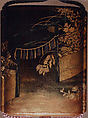 Case (Inrō) with Design of Nonomiya (Shrine in the Fields), from The Tale of Genji, chapter 10, Gold maki-e with black lacquer 
Ojime: bronze with openwork and inlay of water birds on stream 
Netsuke: carved red lacquer, Japan