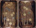 Case (Inrō) with Design of Weeping Willow and Cherry Blossoms, Nakayama Komin (Japanese, 1808–1870), Hiramaki-e with nashiji on black lacquer, roiro, nashiji, gold and silver hiramakie, gold and silver foil; Interior: nashiji and fundame; Ojime: ivory bead with vines and grasses in gold lacquer; Netsuke: woven basket with shell and gold lacquer), Japan