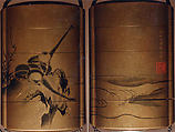 Inrō with Gibbons in a Landscape, Design by Kano Sukekiyo (1787–1840), Four cases; lacquered wood with togidashimaki-e imitating ink painting (togikirimaki-e) on gold lacquer groundNetsuke: ivory; monkey on horsebackOjime: bronze; monkey, Japan
