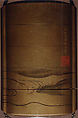 Inrō with Gibbons in a Landscape, Design by Kano Sukekiyo (1787–1840), Four cases; lacquered wood with togidashimaki-e imitating ink painting (togikirimaki-e) on gold lacquer groundNetsuke: ivory; monkey on horsebackOjime: bronze; monkey, Japan