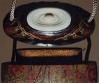 Case (Inrō) in Shape of Tea Caddy in Its Brocade Cover, Koma Kōryū (Japanese, died 1796), Lacquer, silver ground, gold, black and red togidashi, ivory lid; Interior: nashiji and fundame, Japan