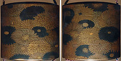 Inrō with Chrysanthemum Blossoms, Three cases; lacquered wood with gold, silver togidashimaki-e; Netsuke: wood with gold; silver maki-e birds; Ojime: cloisonné bead, Japan