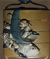 Case (Inrō) with Design of Kinkō Riding a Carp and Holding a Long Scroll, Lacquer, fundame, gold and red hiramakie, stained ivory, raden, metal inlay; Interior: roiro and fundame, Japan