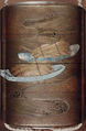 Case (Inrō) with Design of Sheaves of Rice in Boats, Koma School (Japanese), Gold maki-e with mother-of-pearl inlay and black lacquer 
Ojime: ivory 
Netsuke: carved bone with moon and goose, Japan