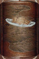Case (Inrō) with Design of Sheaves of Rice in Boats, Koma School (Japanese), Gold maki-e with mother-of-pearl inlay and black lacquer 
Ojime: ivory 
Netsuke: carved bone with moon and goose, Japan