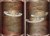 Case (Inrō) with Design of Sheaves of Rice in Boats, Koma School (Japanese), Gold maki-e with mother-of-pearl inlay and black lacquer 
Ojime: ivory 
Netsuke: carved bone with moon and goose, Japan