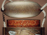 Case (Inrō) with Design of Sheaves of Rice in Boats, Koma School (Japanese), Gold maki-e with mother-of-pearl inlay and black lacquer 
Ojime: ivory 
Netsuke: carved bone with moon and goose, Japan