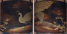 Case (Inrō) with Design of Peacock and Pea Hen beside Flowering Malvern Plants, Lacquer, roiro, nashiji, gold, silver and black hiramakie, takamakie, aogai; Interior: nashiji and fundame, Japan