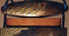 Case (Inrō) with Design of Peacock and Pea Hen beside Flowering Malvern Plants, Lacquer, roiro, nashiji, gold, silver and black hiramakie, takamakie, aogai; Interior: nashiji and fundame, Japan