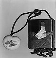 Case (Inrō) with Design of Courtier and Lady in a Boat (from the Tale of Genji), After Ogata Kōrin (Japanese, 1658–1716), Gold maki-e and mother-of-pearl inlay 
Ojime: wood-and-gilt bead in shape of sake bottle 
Netsuke: ivory with lacquer design of toys, Japan