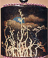 Case (Inrō) with Design of Trees, Crow, and Moon, Takamaki-e with nashiji, gold and silver foil, and silver inlay on black lacquer; Interior: nashiji and fundame; Ojime: bead of inlaid metals and alloys; Netsuke: flowers, moon, and poem in gold lacquer on dark wood (signed: Designed by Hoitsu), Japan