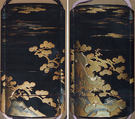 Case (Inrō) with Design of Pine Trees Growing from Rocks beneath Clouds, Lacquer, roiro, gold and silver hiramakie, takamakie, kirigane, nashiji; Interior: nashiji and fundame, Japan