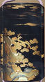 Case (Inrō) with Design of Pine Trees Growing from Rocks beneath Clouds, Lacquer, roiro, gold and silver hiramakie, takamakie, kirigane, nashiji; Interior: nashiji and fundame, Japan