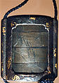 Case (Inrō) with Design of Court Lady in a Boat (obverse); Willow Tree (Asazuma) (reverse), Silver inlay with incised and applied gold decoration 
Ojime: silver bead 
Netsuke: bronze disk with metal inlay, Japan