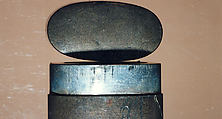 Case (Inrō) with Design of Court Lady in a Boat (obverse); Willow Tree (Asazuma) (reverse), Silver inlay with incised and applied gold decoration 
Ojime: silver bead 
Netsuke: bronze disk with metal inlay, Japan